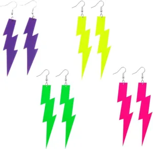 4 Pairs 80s 90s Neon Earrings for Women Lightning Circular Oval Retro Pendant Acrylic Drop Dangle for 80's Outfit Glow Party Accessories