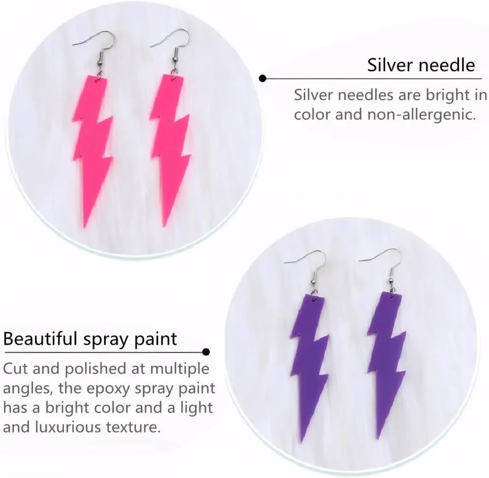 4 Pairs 80s 90s Neon Earrings for Women Lightning Circular Oval Retro Pendant Acrylic Drop Dangle for 80's Outfit Glow Party Accessories