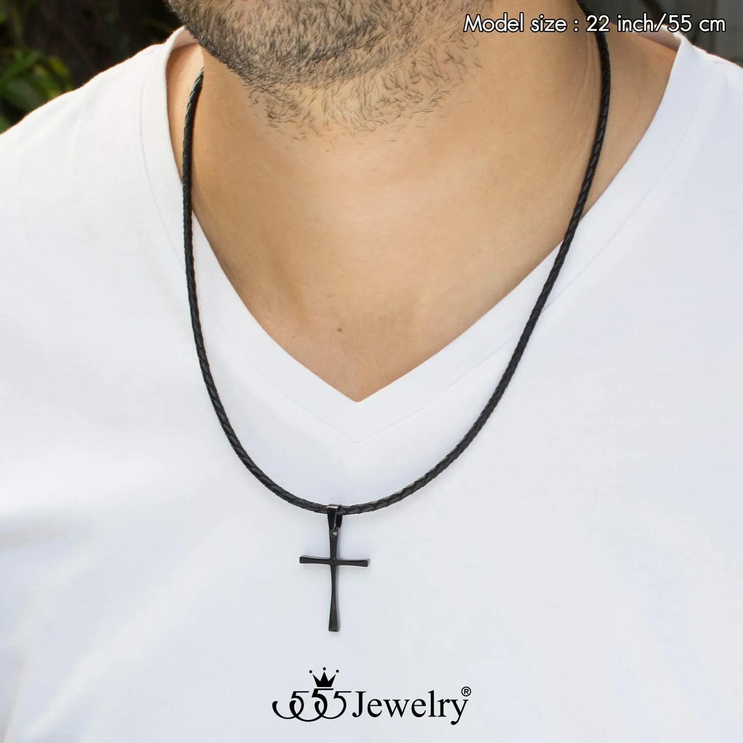 555Jewelry Stainless Steel Cross Braided Rope Cord Necklace For Men Women 18-24'' Inches