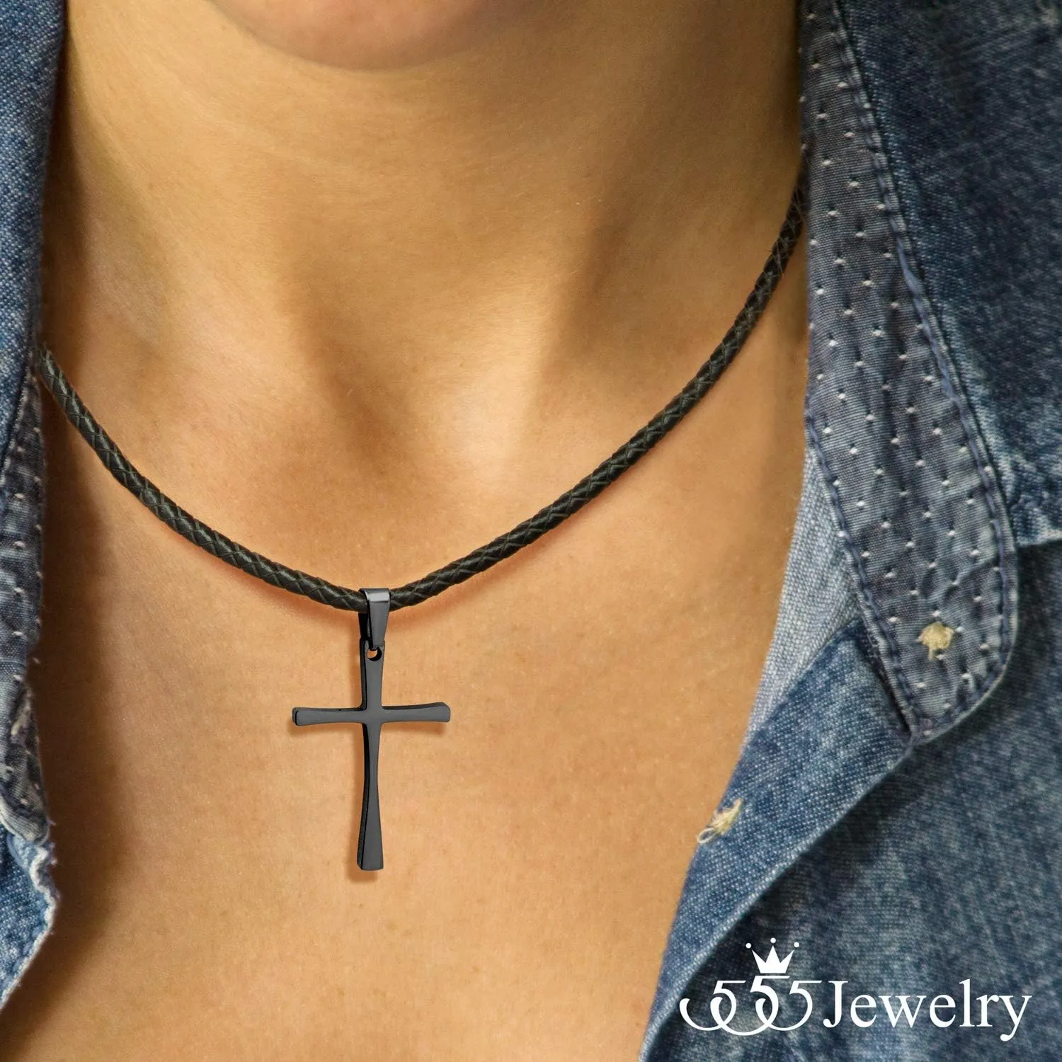 555Jewelry Stainless Steel Cross Braided Rope Cord Necklace For Men Women 18-24'' Inches