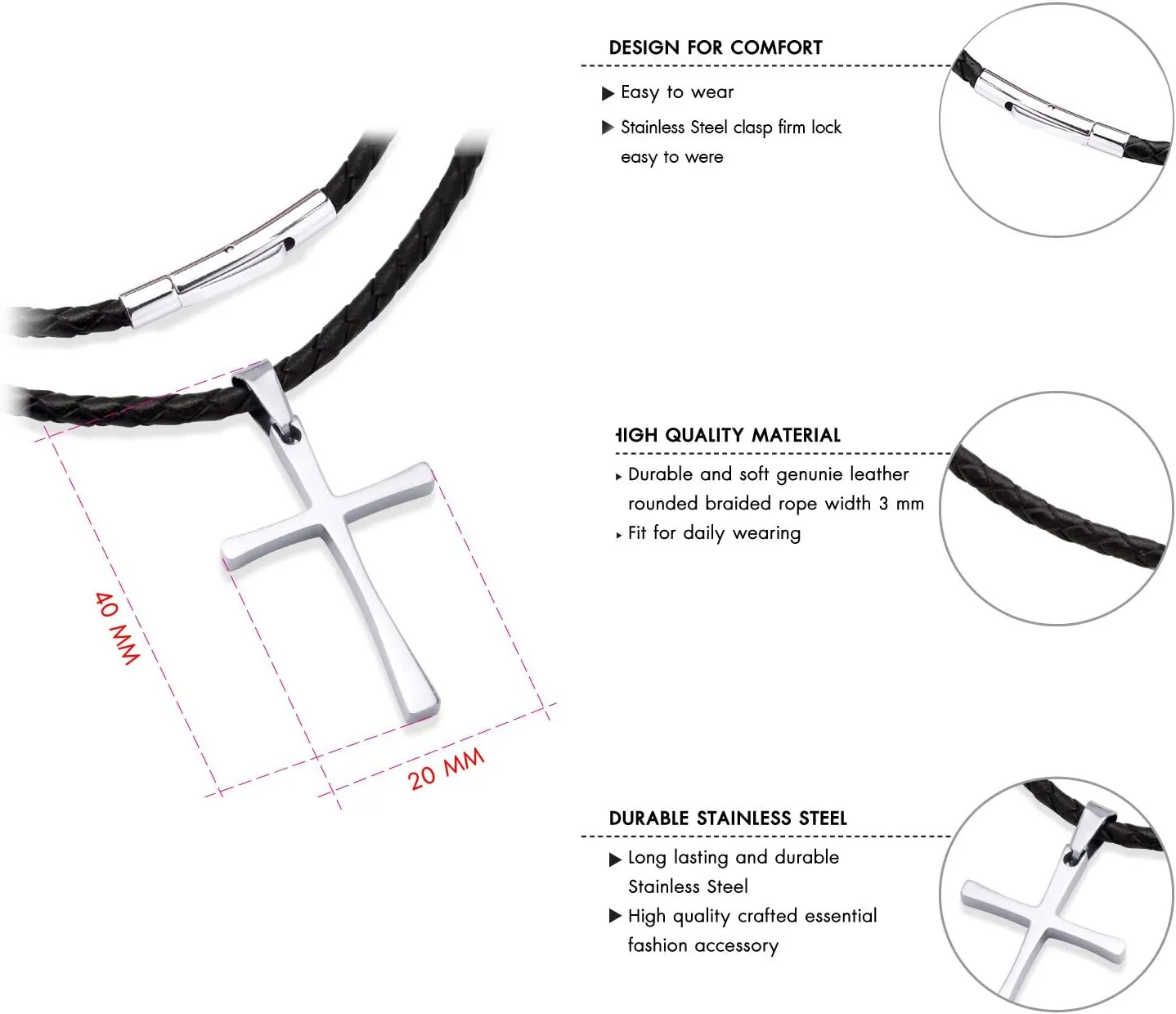 555Jewelry Stainless Steel Cross Braided Rope Cord Necklace For Men Women 18-24'' Inches