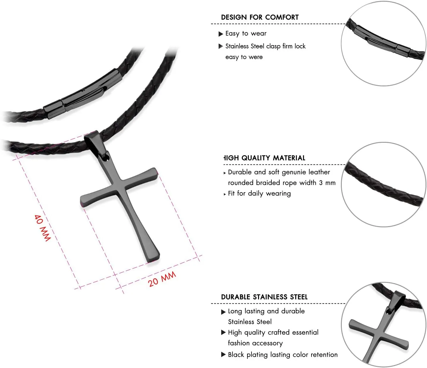 555Jewelry Stainless Steel Cross Braided Rope Cord Necklace For Men Women 18-24'' Inches