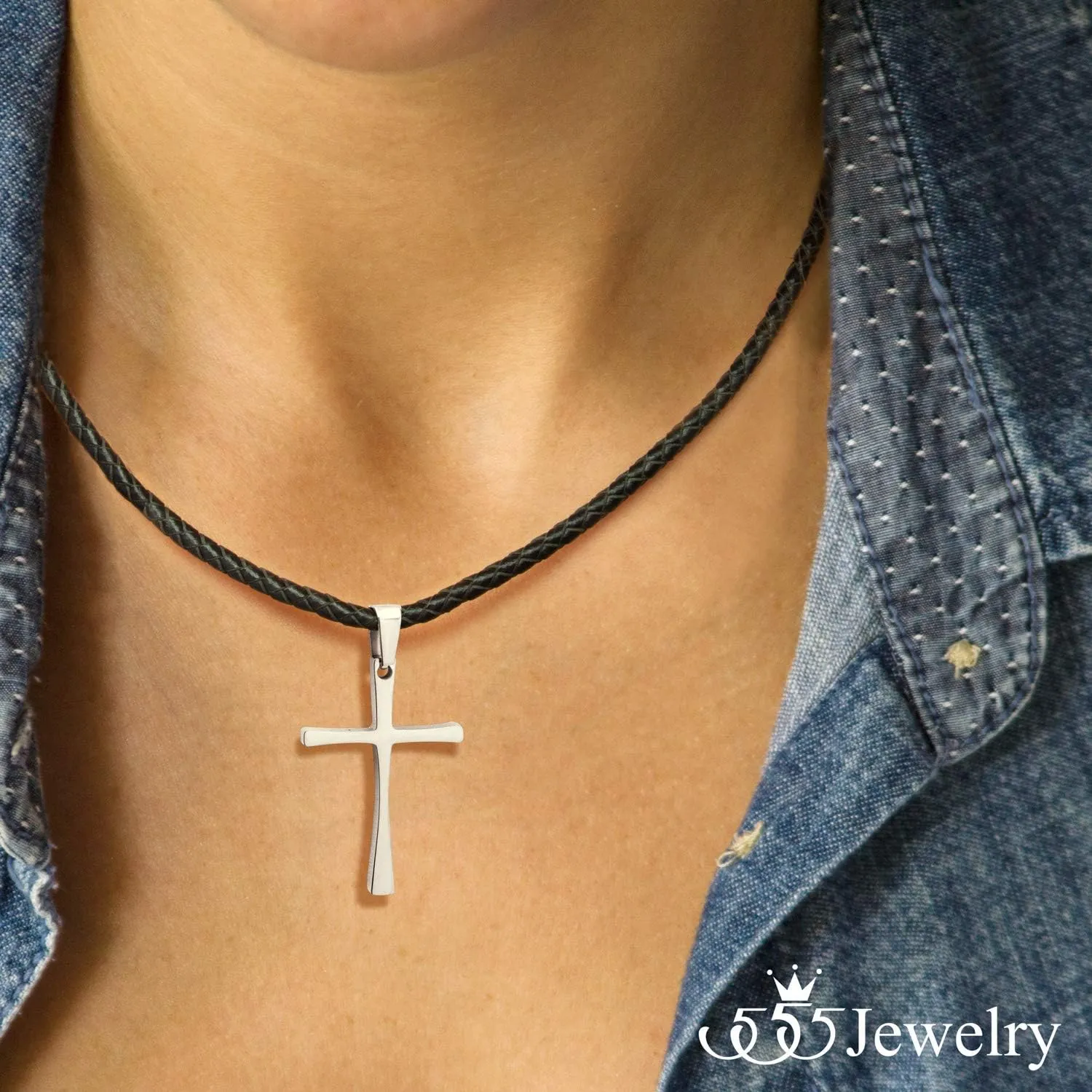 555Jewelry Stainless Steel Cross Braided Rope Cord Necklace For Men Women 18-24'' Inches