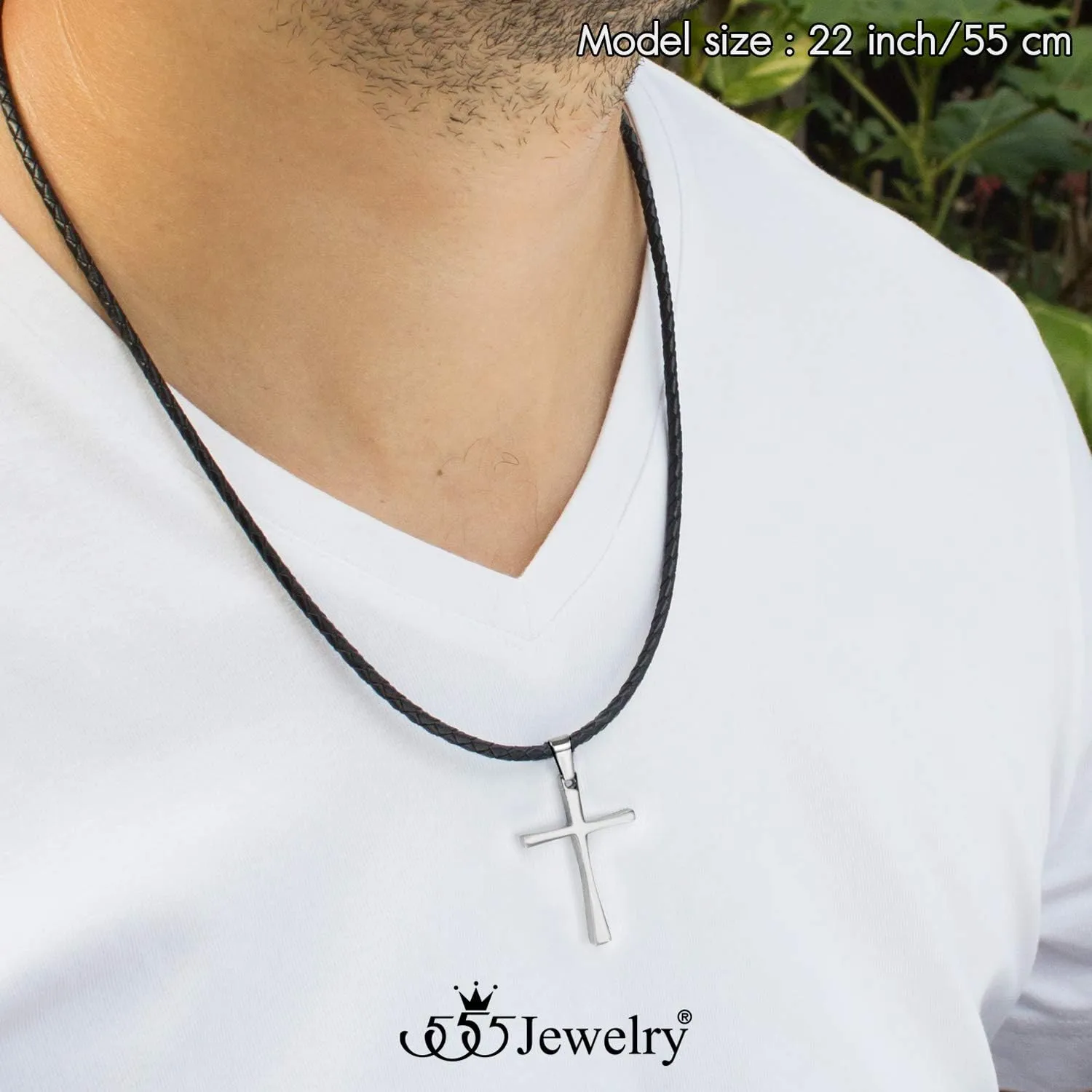 555Jewelry Stainless Steel Cross Braided Rope Cord Necklace For Men Women 18-24'' Inches