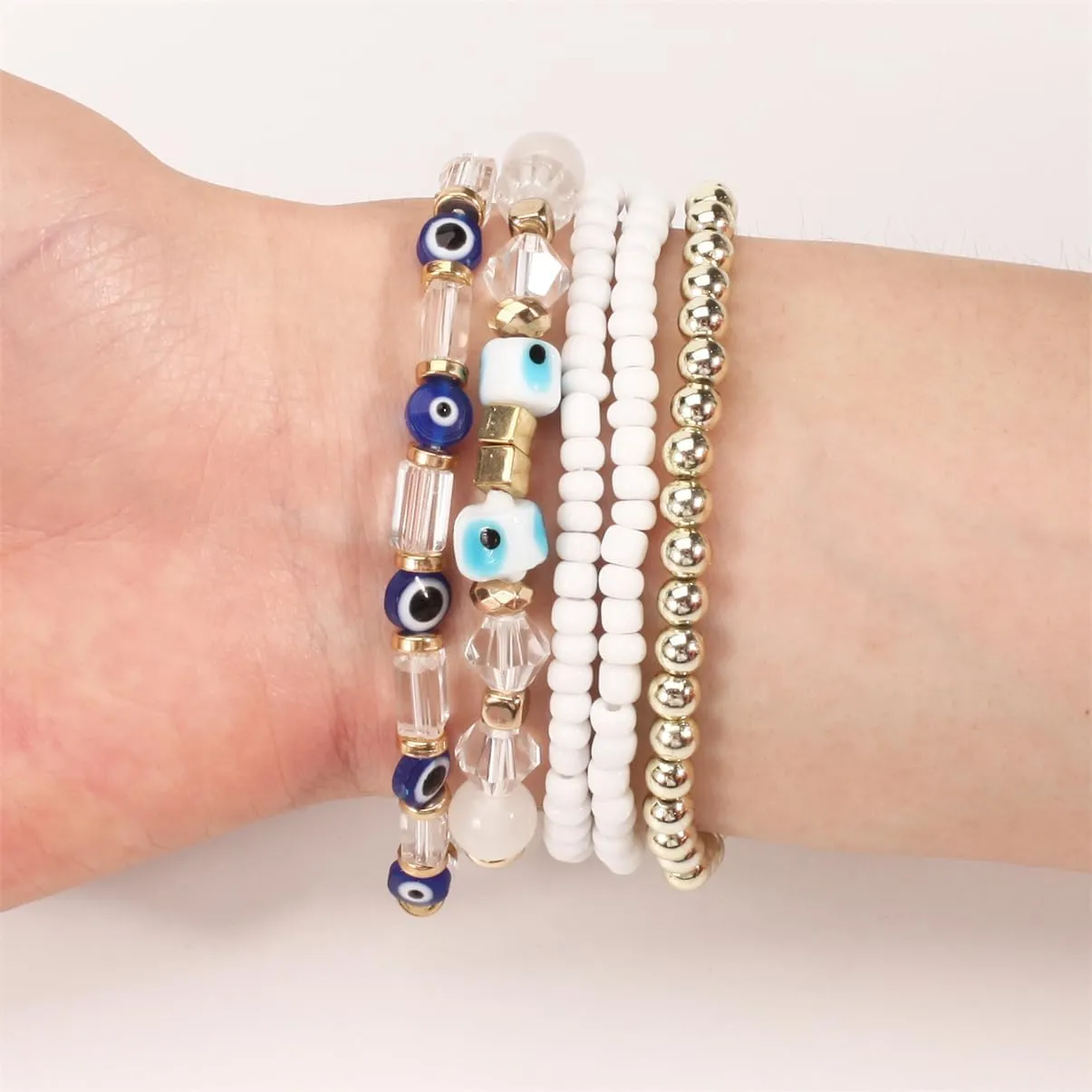 5Pcs Bohemian Stackable Beaded Bracelets Set for Women,Multilayer Evil Eye Bracelets,Boho Layered Strand Bead Bracelets, Handmade Crystal Lucky Protection Stretch Bracelets for Women