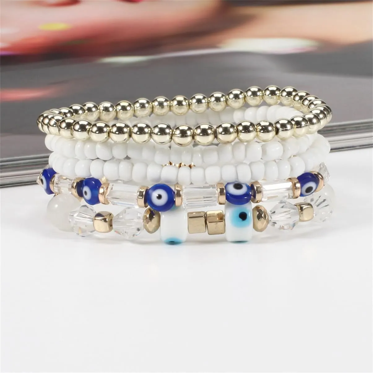 5Pcs Bohemian Stackable Beaded Bracelets Set for Women,Multilayer Evil Eye Bracelets,Boho Layered Strand Bead Bracelets, Handmade Crystal Lucky Protection Stretch Bracelets for Women
