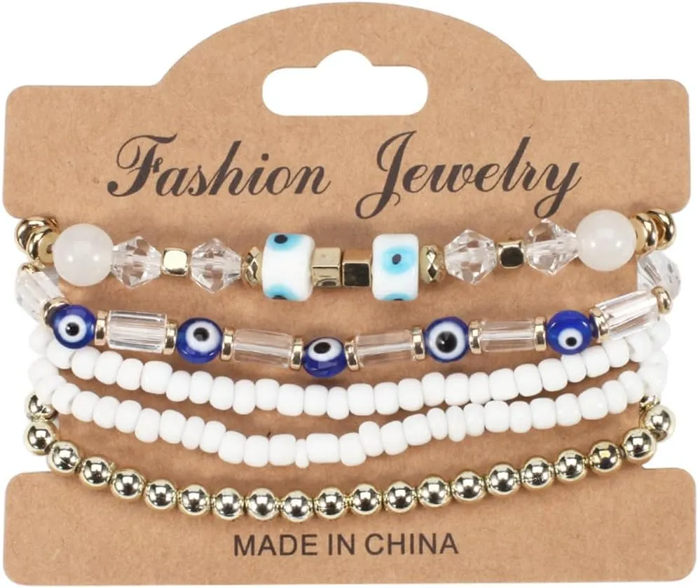 5Pcs Bohemian Stackable Beaded Bracelets Set for Women,Multilayer Evil Eye Bracelets,Boho Layered Strand Bead Bracelets, Handmade Crystal Lucky Protection Stretch Bracelets for Women