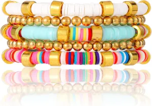 5pcs Surfer Bracelets Set, Boho Colorful Beaded Stretch Bracelets Stackable Layering Friendship Bracelets Aesthetic Summer Beach Jewelry Gifts for Women