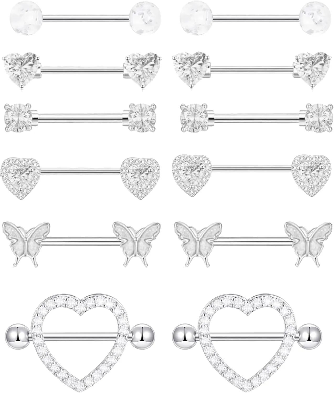 6 Pairs 14G Nipple Rings Stainless Steel Pink Heart Butterfly Flower CZ Barbell Tongue Rings Set Cute Nipplerings Piercing Jewelry for Women Body Piercing Jewelry
