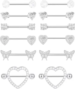 6 Pairs 14G Nipple Rings Stainless Steel Pink Heart Butterfly Flower CZ Barbell Tongue Rings Set Cute Nipplerings Piercing Jewelry for Women Body Piercing Jewelry