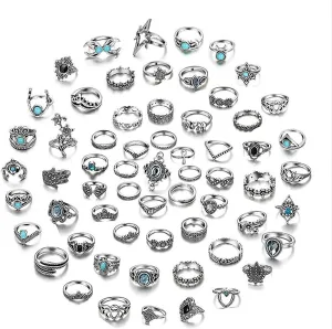 62-piece women's vintage silver knuckle ring set, Vintage Stone Crystal stacked mid-length ring set, Boho style stacked rings Valentine's Day gift