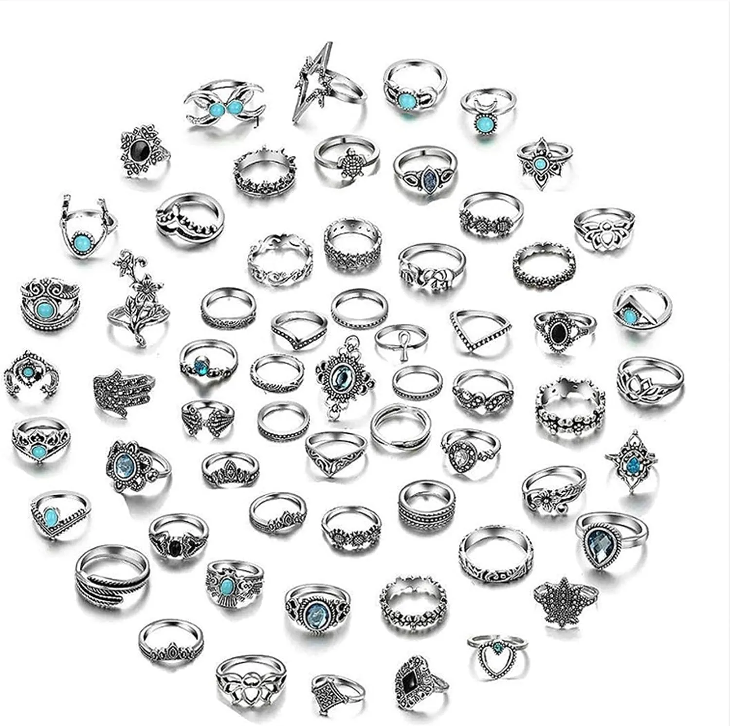 62-piece women's vintage silver knuckle ring set, Vintage Stone Crystal stacked mid-length ring set, Boho style stacked rings Valentine's Day gift
