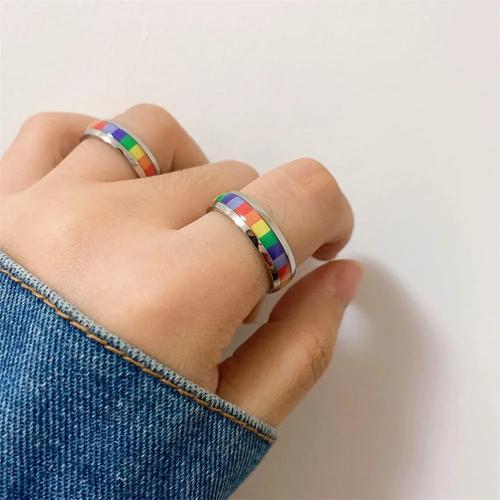 6mm Wide Square Rainbow LGBT Pride Band Rings Chuky Thick Black Enameled Stainless Steel Eternity Promise Statement Engagement Couple Rings Love is Love Finger Knuckle Rings Boyfriend Girlfriend Christmas Valentines Gifts