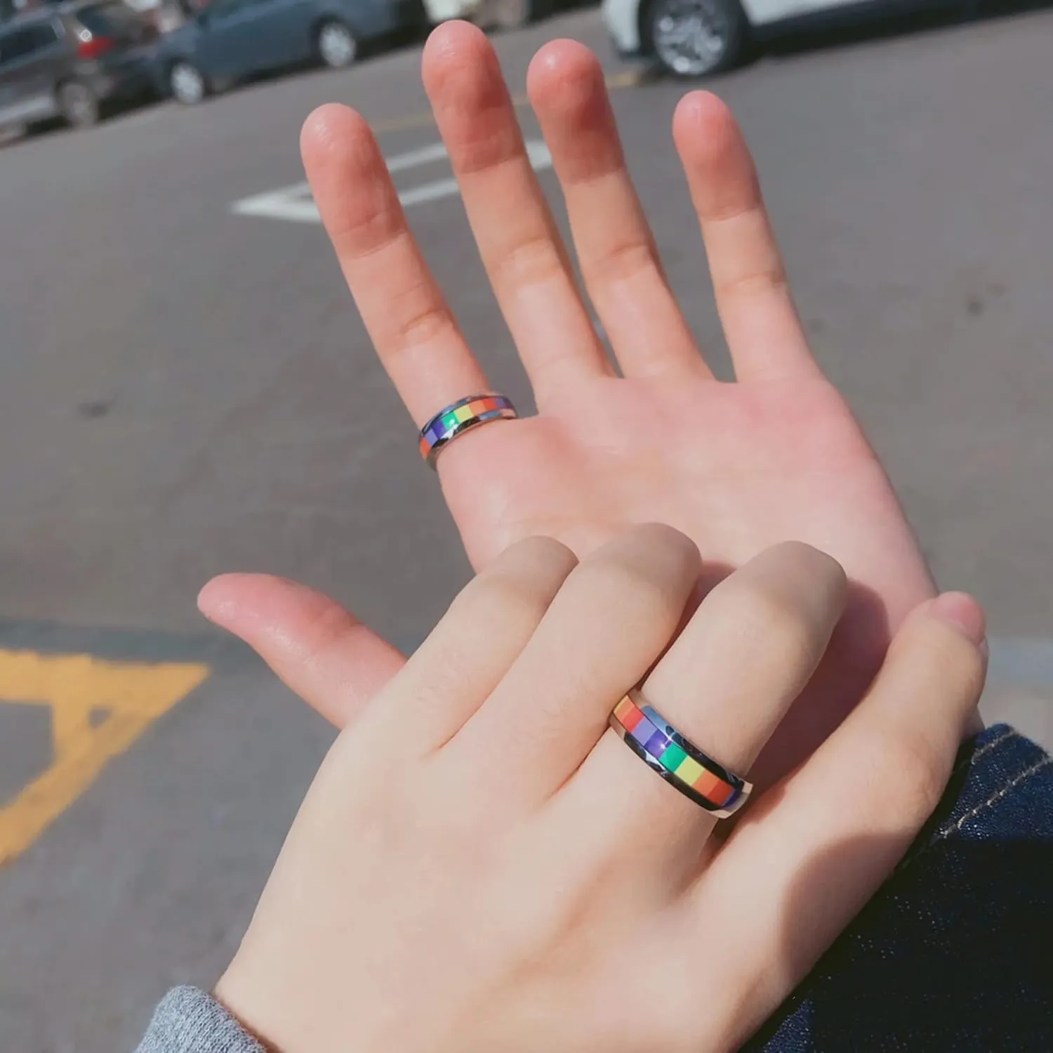 6mm Wide Square Rainbow LGBT Pride Band Rings Chuky Thick Black Enameled Stainless Steel Eternity Promise Statement Engagement Couple Rings Love is Love Finger Knuckle Rings Boyfriend Girlfriend Christmas Valentines Gifts