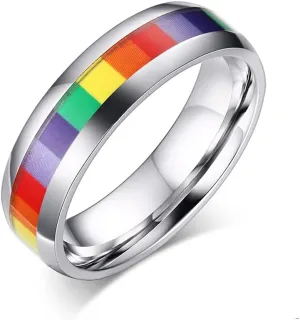 6mm Wide Square Rainbow LGBT Pride Band Rings Chuky Thick Black Enameled Stainless Steel Eternity Promise Statement Engagement Couple Rings Love is Love Finger Knuckle Rings Boyfriend Girlfriend Christmas Valentines Gifts