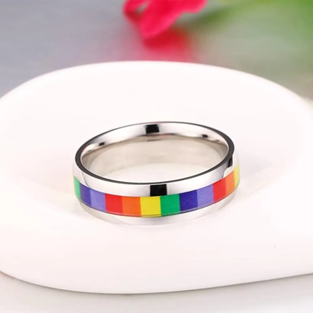 6mm Wide Square Rainbow LGBT Pride Band Rings Chuky Thick Black Enameled Stainless Steel Eternity Promise Statement Engagement Couple Rings Love is Love Finger Knuckle Rings Boyfriend Girlfriend Christmas Valentines Gifts