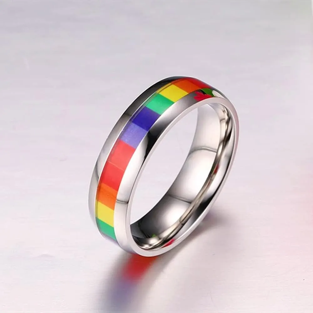 6mm Wide Square Rainbow LGBT Pride Band Rings Chuky Thick Black Enameled Stainless Steel Eternity Promise Statement Engagement Couple Rings Love is Love Finger Knuckle Rings Boyfriend Girlfriend Christmas Valentines Gifts