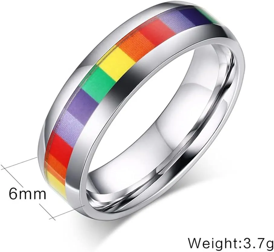 6mm Wide Square Rainbow LGBT Pride Band Rings Chuky Thick Black Enameled Stainless Steel Eternity Promise Statement Engagement Couple Rings Love is Love Finger Knuckle Rings Boyfriend Girlfriend Christmas Valentines Gifts
