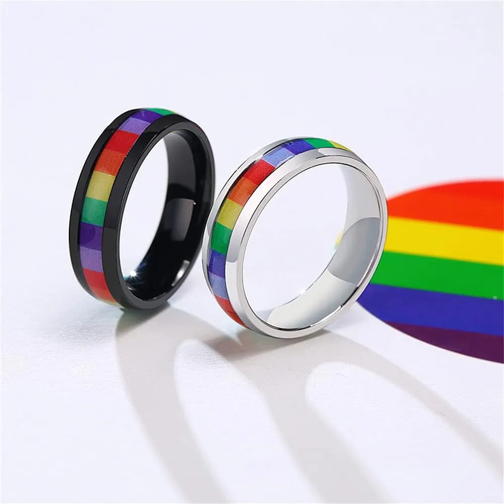 6mm Wide Square Rainbow LGBT Pride Band Rings Chuky Thick Black Enameled Stainless Steel Eternity Promise Statement Engagement Couple Rings Love is Love Finger Knuckle Rings Boyfriend Girlfriend Christmas Valentines Gifts