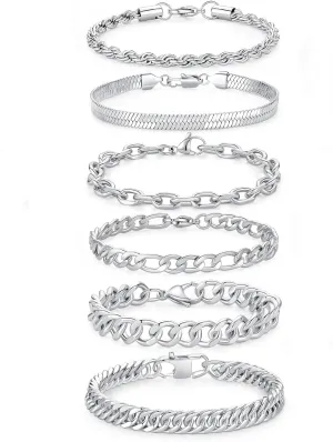 6PCS Stainless Steel Chain Bracelets for Men Women, Chunky Cuban Curb Rope Figaro Cable Herringbone Stackable Chain Bracelet Sets Gift Jewelry