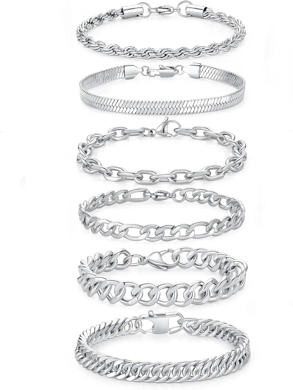 6PCS Stainless Steel Chain Bracelets for Men Women, Chunky Cuban Curb Rope Figaro Cable Herringbone Stackable Chain Bracelet Sets Gift Jewelry