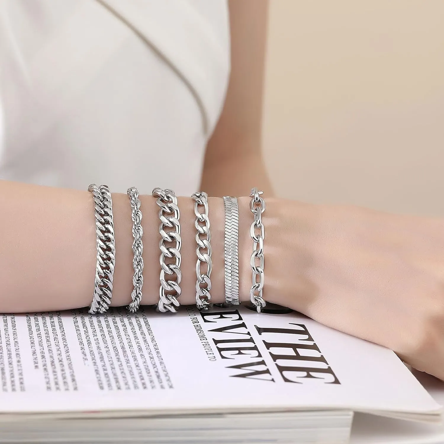 6PCS Stainless Steel Chain Bracelets for Men Women, Chunky Cuban Curb Rope Figaro Cable Herringbone Stackable Chain Bracelet Sets Gift Jewelry