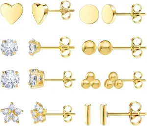 8 Pairs 14K Gold Stud Earrings Set, Titanium Surgical Steel Stud Earrings for Multiple Piercing Hypoallergenic Earrings Flower Heart Ball Cubic Zirconia Studs for Women