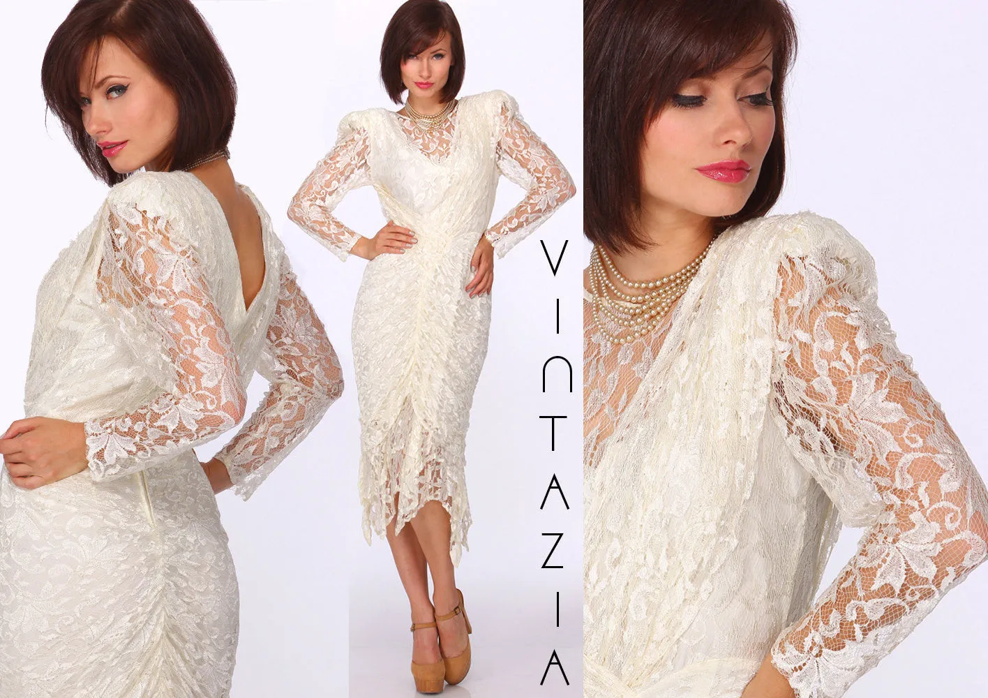 80s Lace Draped Wiggle Wedding Dress