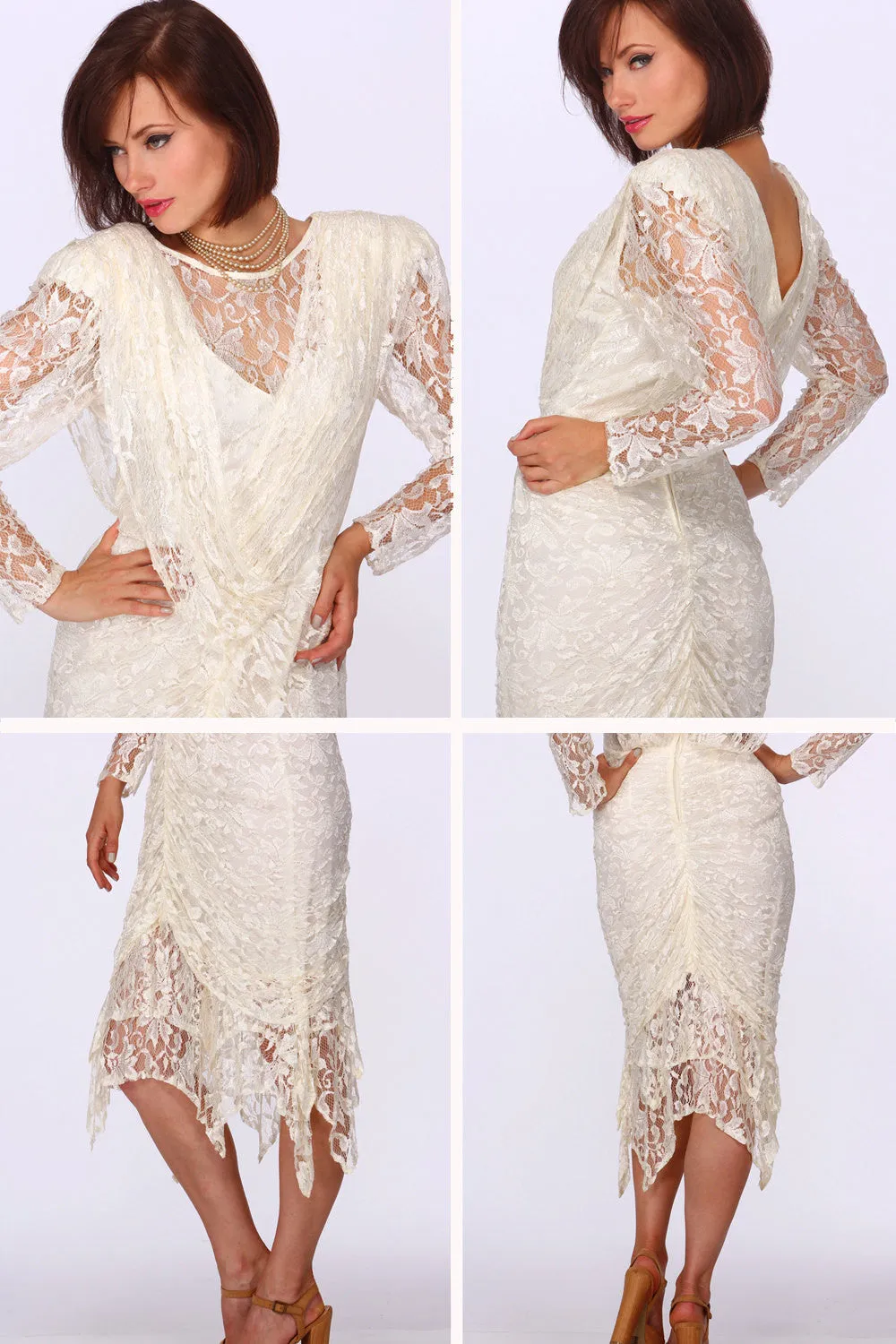 80s Lace Draped Wiggle Wedding Dress