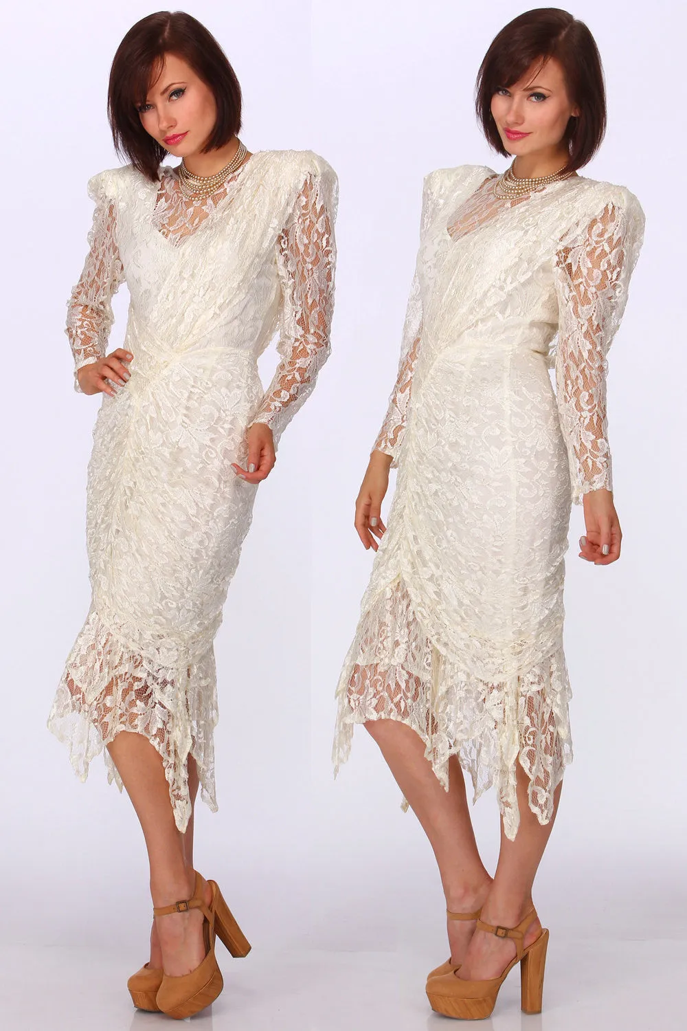 80s Lace Draped Wiggle Wedding Dress