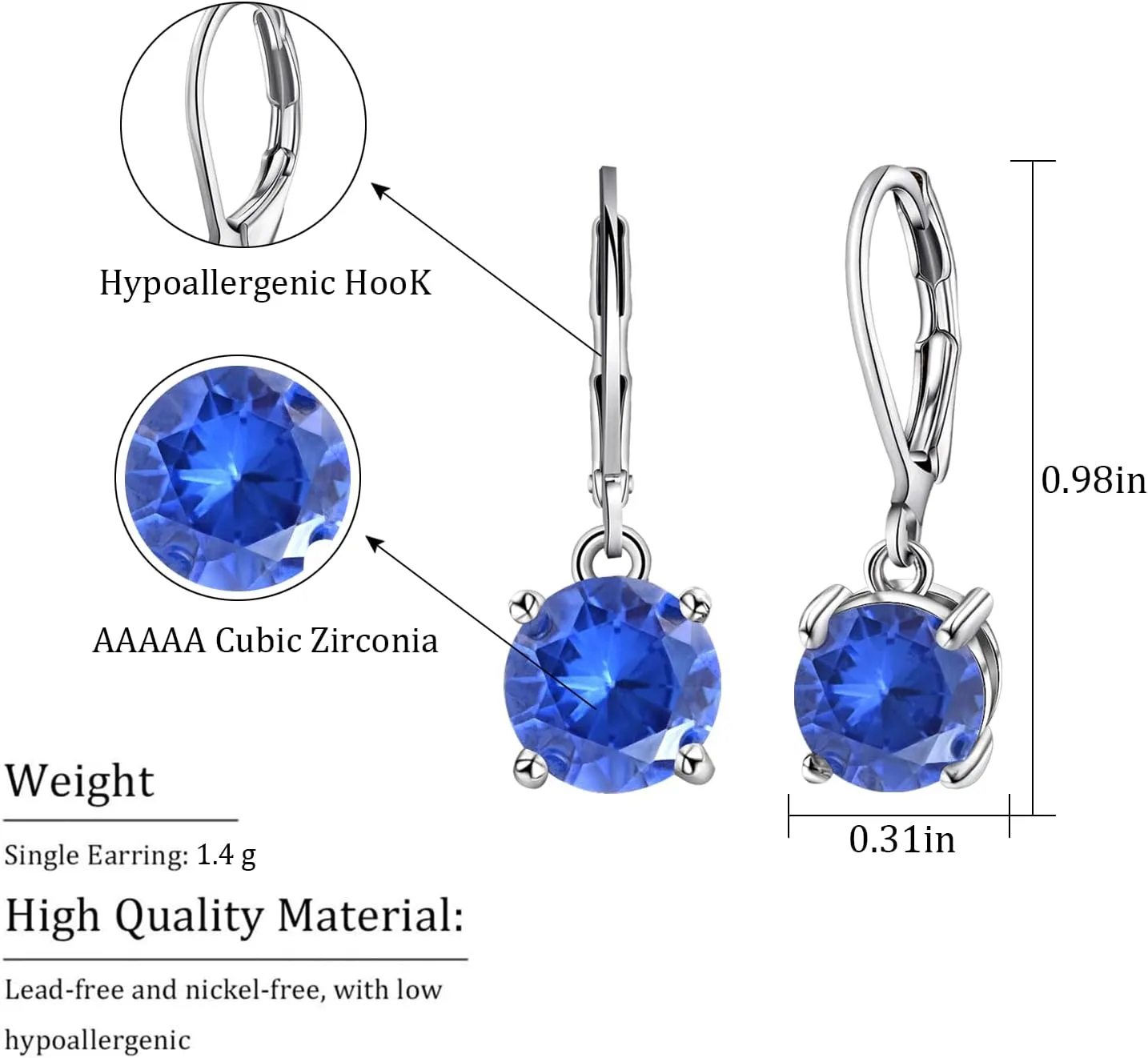 8MM Round Crystal Leverback Earrings, Vintage Style Birthstone Jewelry for Women, Sapphire, Garnet, Emerald Fashion Drop Dangle Earrings