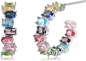 925 Sterling Silver Hoop Earrings for Women Colorful Crystal Cubic Zirconia Earrings Rainbow Chunky Half Hoops for Birthday Jewelry