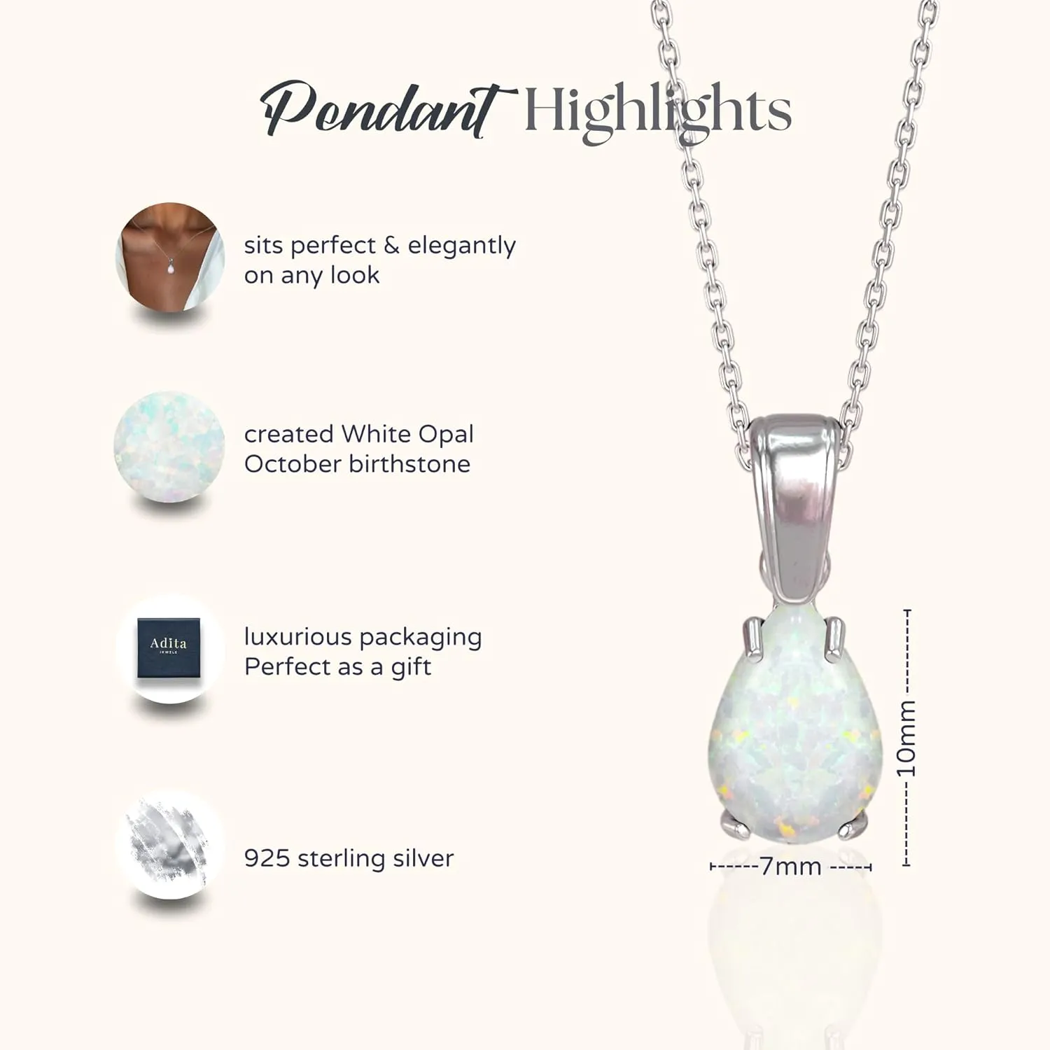 925 Sterling Silver Opal Necklace - Opal Teardrop Necklace - October Birthstone Necklace for Women Silver - Pear White Opal Pendant - Silver Jewelry for Women - Minimalist Chain Necklace