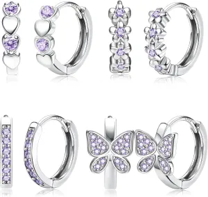 925 Sterling Silver Post Small Hoop Earrings For Girls - Hypoallergenic Huggie Earrings for Women Cute Heart Flowers Butterfly Star Cubic Zirconia Cartilage Earrings For Sensitive Ears 4Pairs
