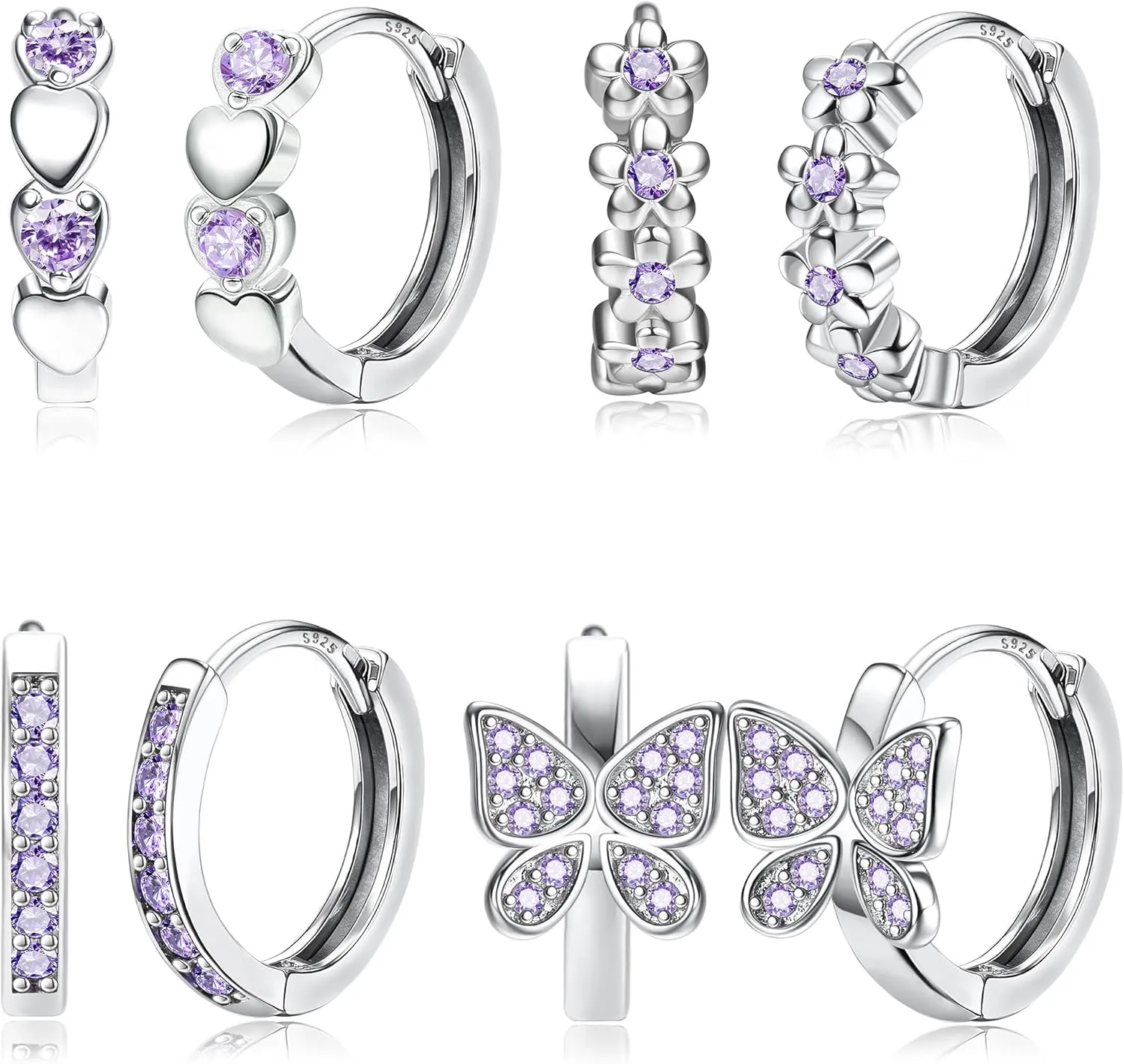 925 Sterling Silver Post Small Hoop Earrings For Girls - Hypoallergenic Huggie Earrings for Women Cute Heart Flowers Butterfly Star Cubic Zirconia Cartilage Earrings For Sensitive Ears 4Pairs