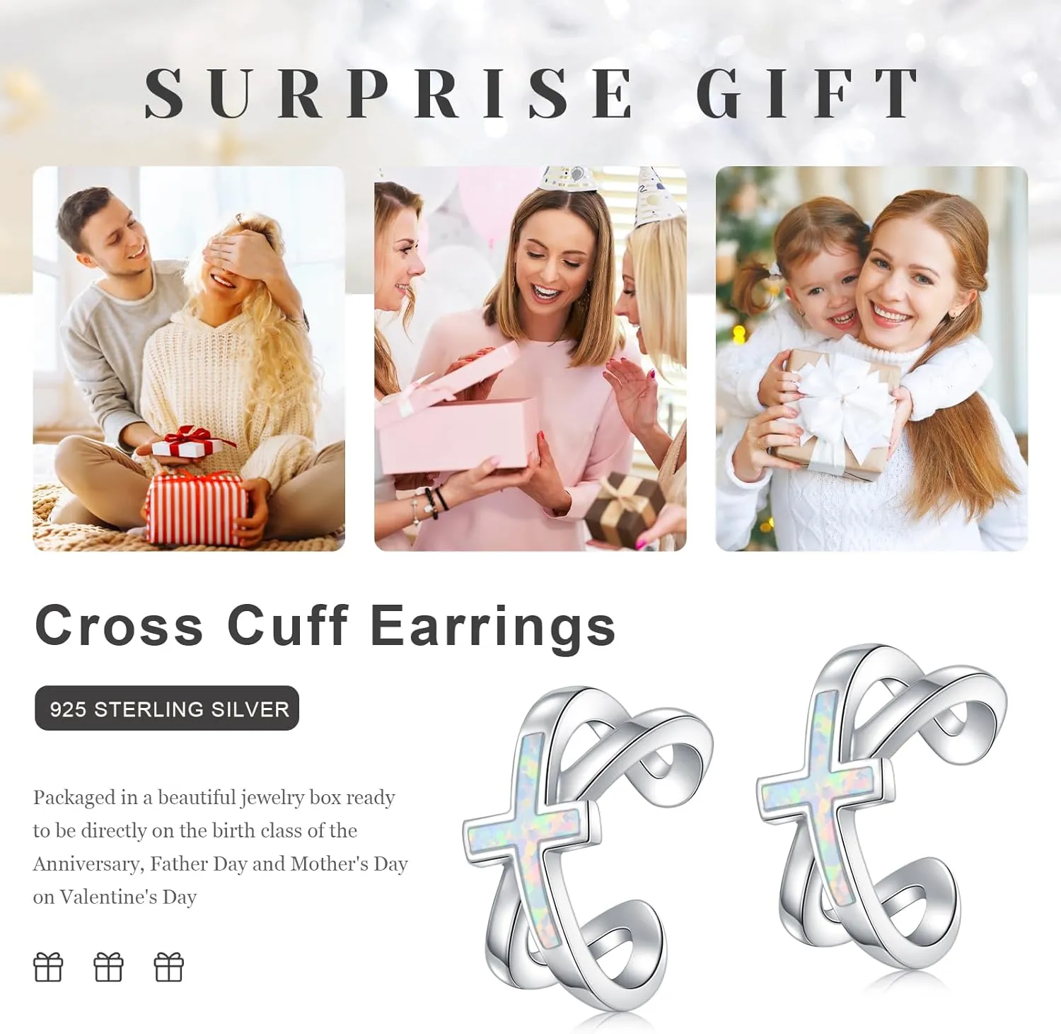 925 Sterling Silver Silver/Black/Gold Ear Cuff Earrings for Women Cross Opal/Turquoise/Abalone Shell Ear Cuff Non Pierced Cross Cartilage Earrings Cross Jewelry Gifts
