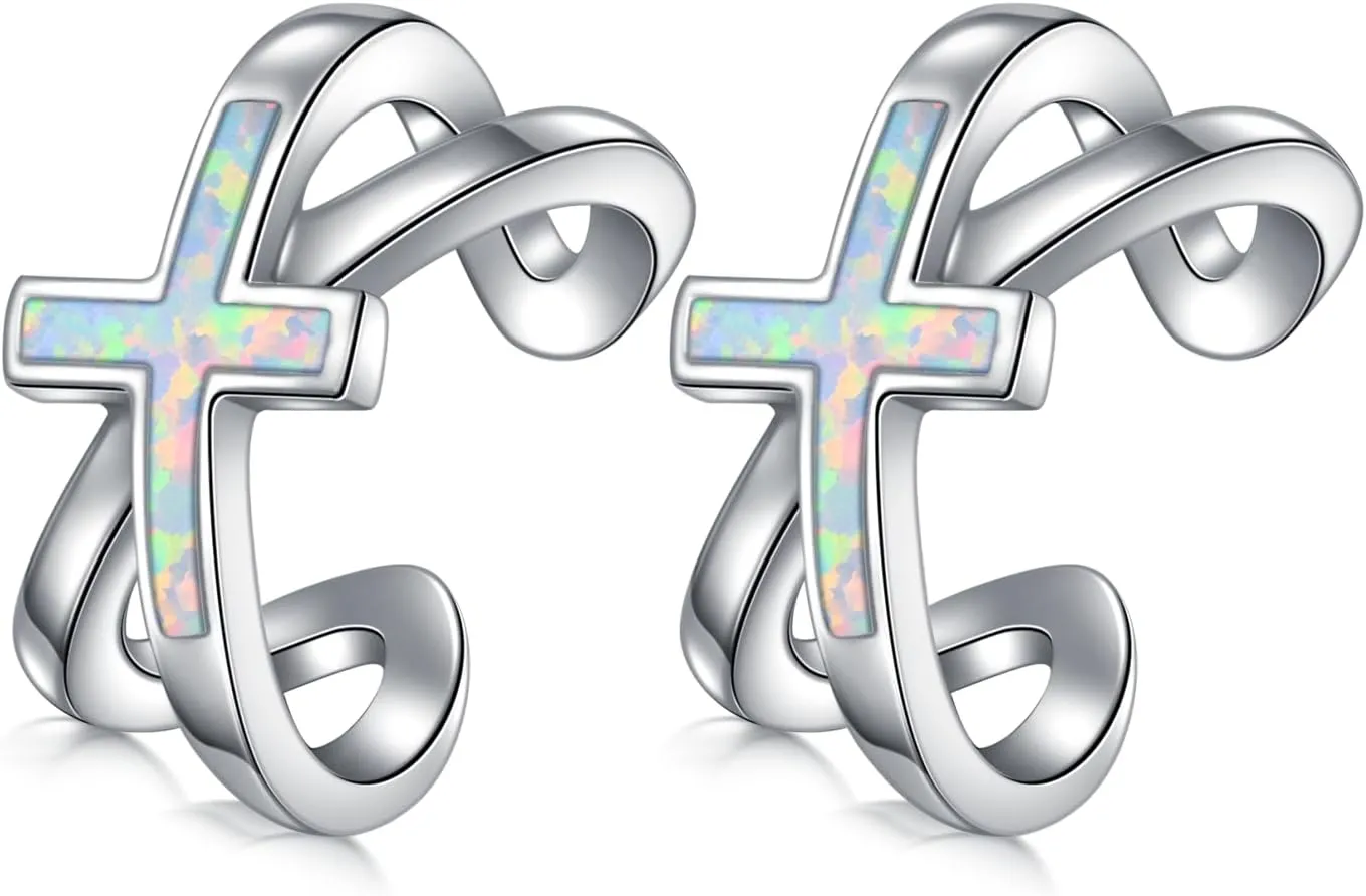 925 Sterling Silver Silver/Black/Gold Ear Cuff Earrings for Women Cross Opal/Turquoise/Abalone Shell Ear Cuff Non Pierced Cross Cartilage Earrings Cross Jewelry Gifts
