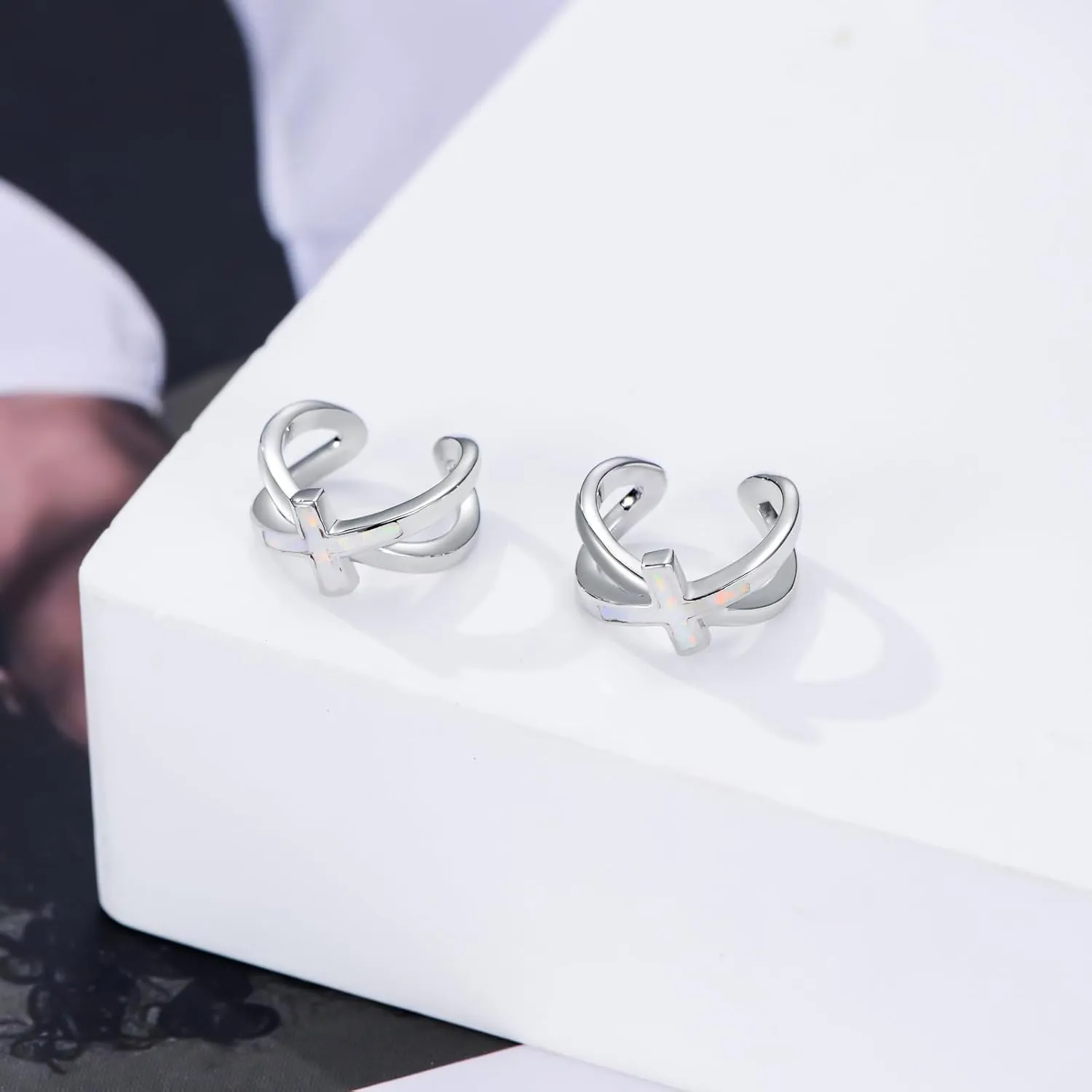 925 Sterling Silver Silver/Black/Gold Ear Cuff Earrings for Women Cross Opal/Turquoise/Abalone Shell Ear Cuff Non Pierced Cross Cartilage Earrings Cross Jewelry Gifts
