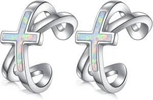 925 Sterling Silver Silver/Black/Gold Ear Cuff Earrings for Women Cross Opal/Turquoise/Abalone Shell Ear Cuff Non Pierced Cross Cartilage Earrings Cross Jewelry Gifts