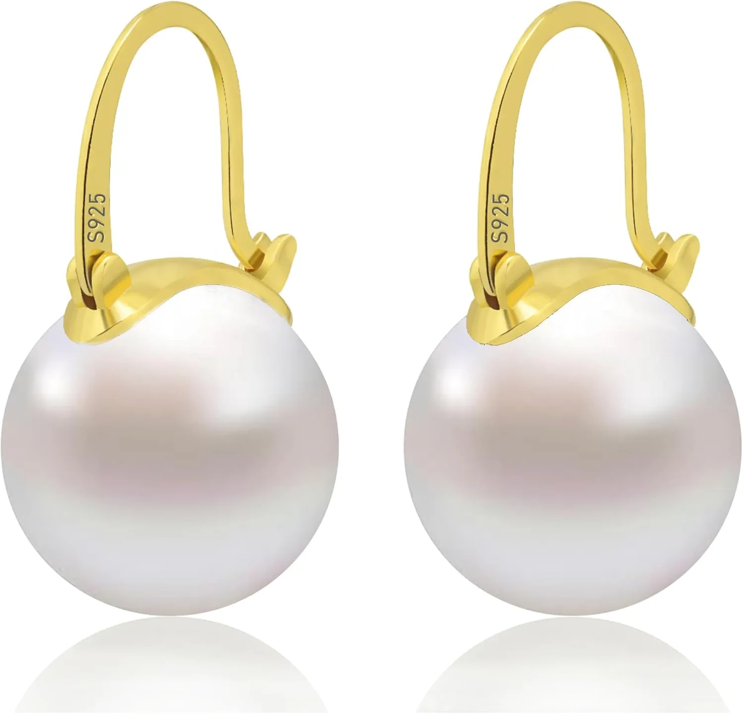 925 Sterling Silver Simulated Shell Pearl Earrings for Women Trendy, Big Pearl Drop Earrings Leverback Stud,14K Gold Plated Large Pearl Hoop Dangle Hypoallergenic Jewelry 14mm