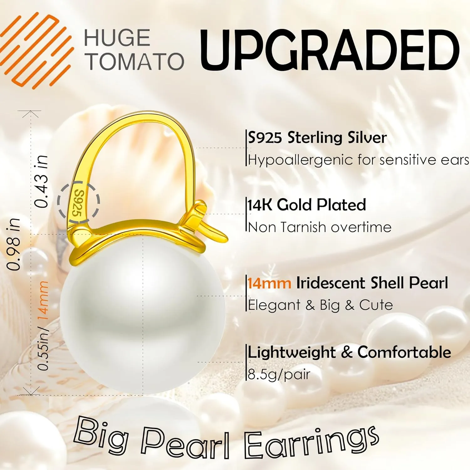 925 Sterling Silver Simulated Shell Pearl Earrings for Women Trendy, Big Pearl Drop Earrings Leverback Stud,14K Gold Plated Large Pearl Hoop Dangle Hypoallergenic Jewelry 14mm