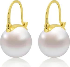 925 Sterling Silver Simulated Shell Pearl Earrings for Women Trendy, Big Pearl Drop Earrings Leverback Stud,14K Gold Plated Large Pearl Hoop Dangle Hypoallergenic Jewelry 14mm