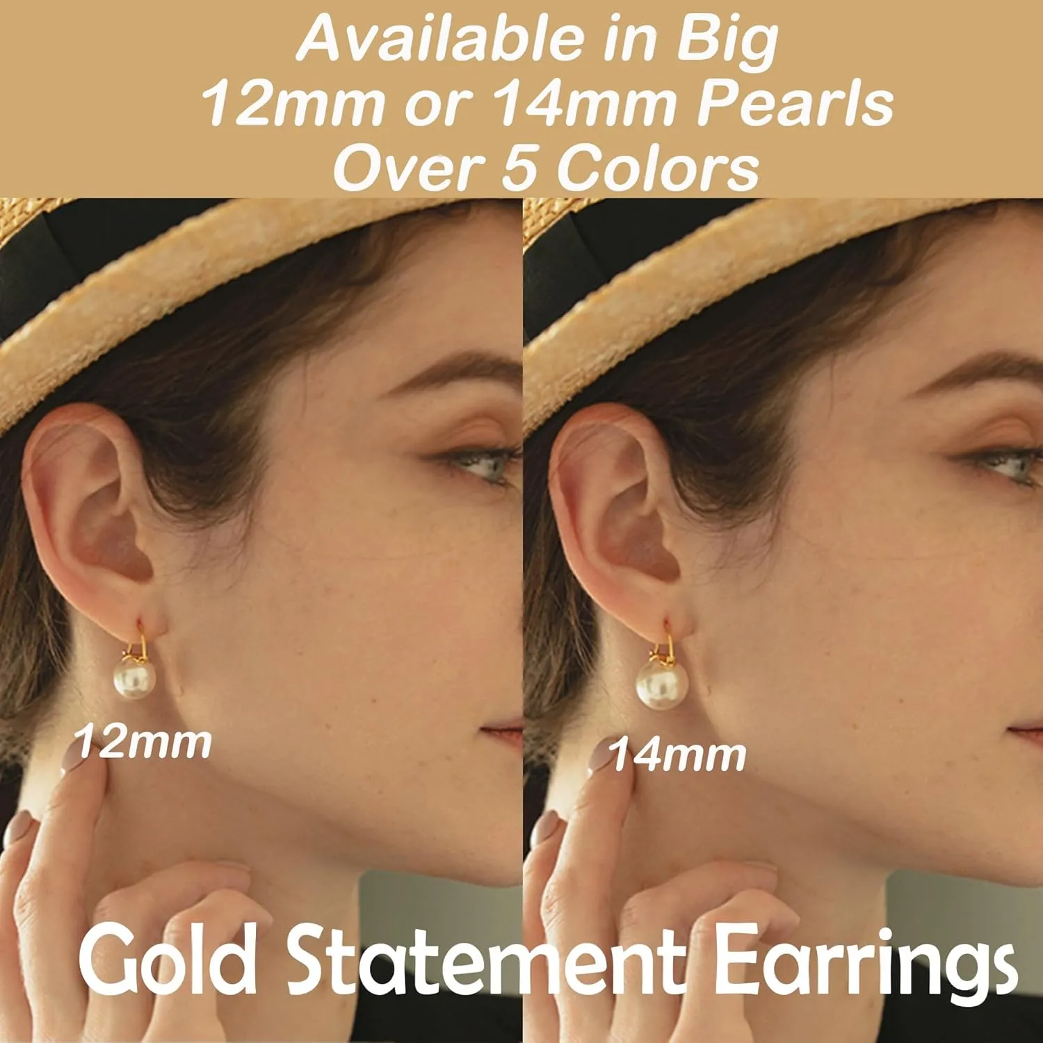925 Sterling Silver Simulated Shell Pearl Earrings for Women Trendy, Big Pearl Drop Earrings Leverback Stud,14K Gold Plated Large Pearl Hoop Dangle Hypoallergenic Jewelry 14mm