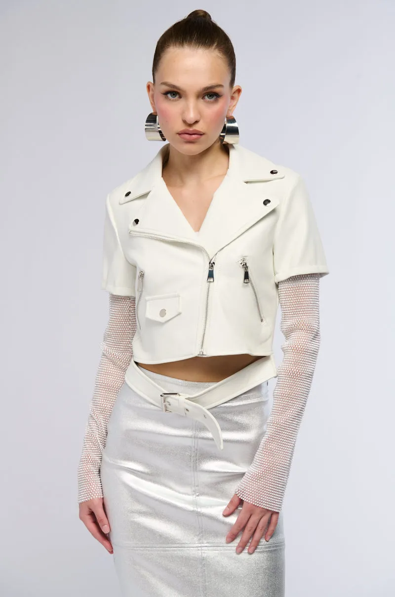 ACEROLA BLING RHINESTONE SLEEVE MOTO JACKET IN WHITE