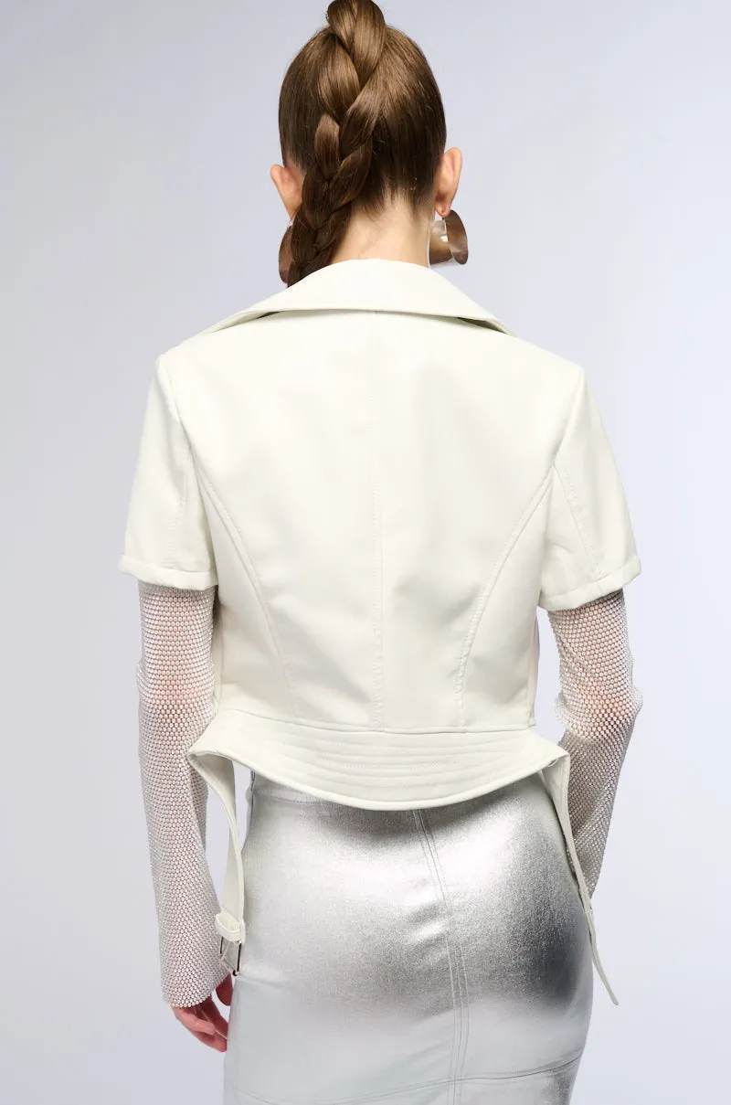 ACEROLA BLING RHINESTONE SLEEVE MOTO JACKET IN WHITE