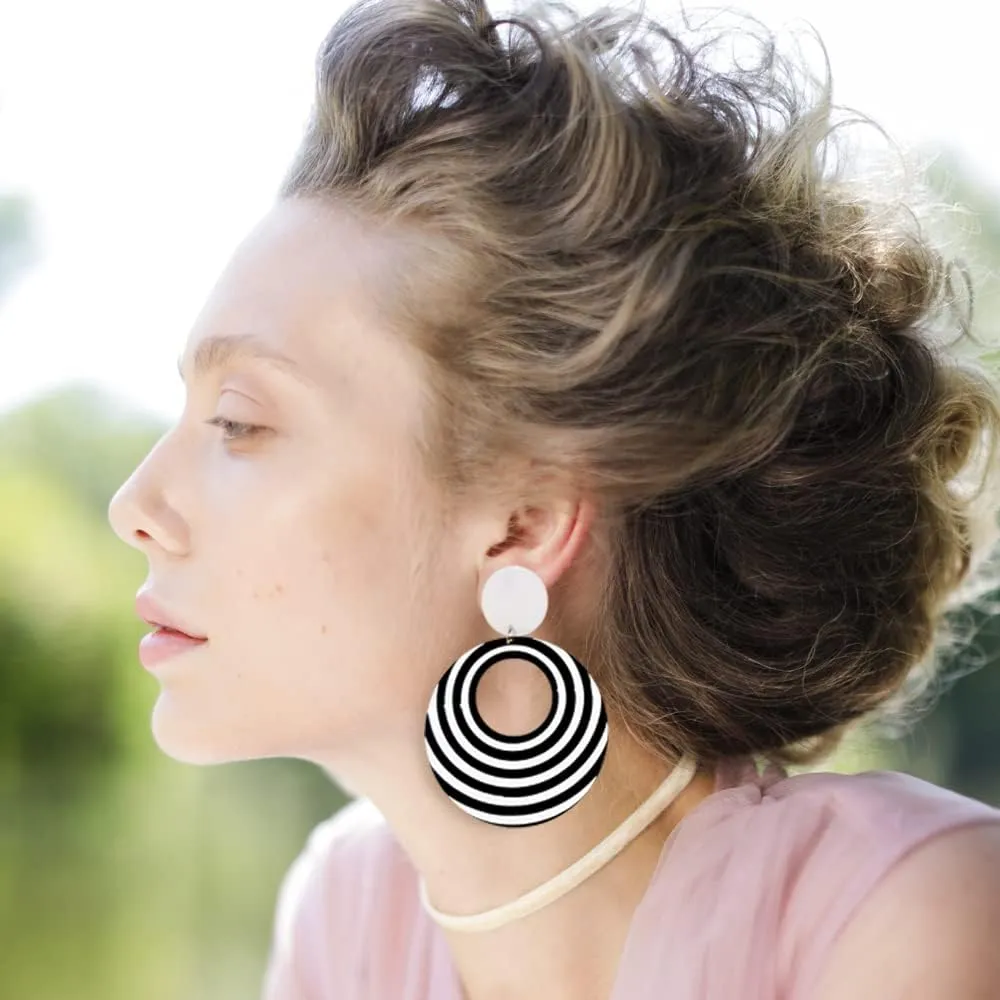 Acrylic Black White Earrings For Women Girl.Statement Geometric Drop Dangle Earrings,Round Resin Striped Earrings Party Jewelry