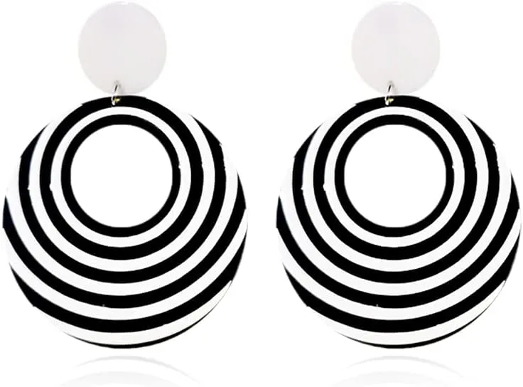 Acrylic Black White Earrings For Women Girl.Statement Geometric Drop Dangle Earrings,Round Resin Striped Earrings Party Jewelry