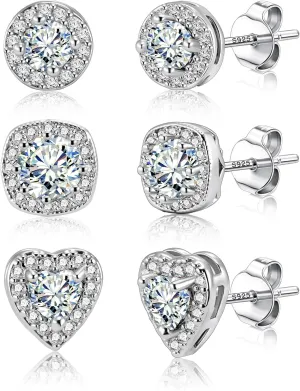 ALEXCRAFT Sterling Silver Stud Earrings for Women Girls Cubic Zirconia Halo Round Heart Square Diamond Large Silver Stud Set
