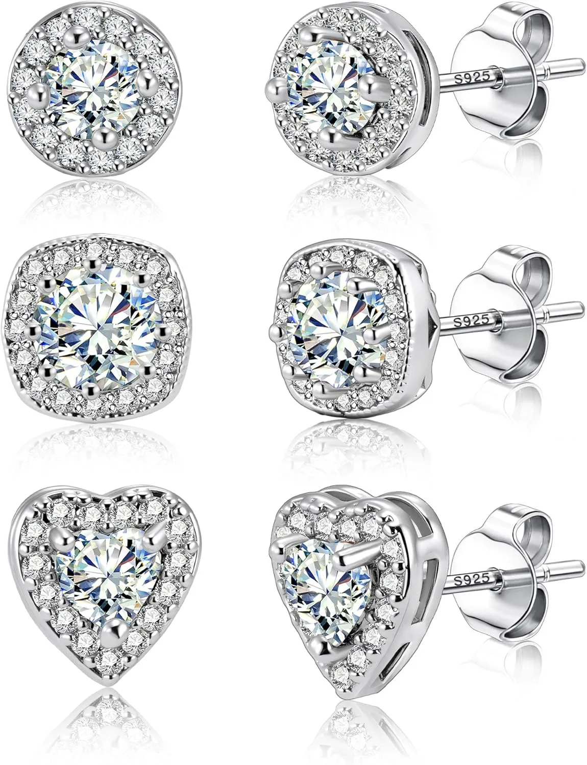 ALEXCRAFT Sterling Silver Stud Earrings for Women Girls Cubic Zirconia Halo Round Heart Square Diamond Large Silver Stud Set