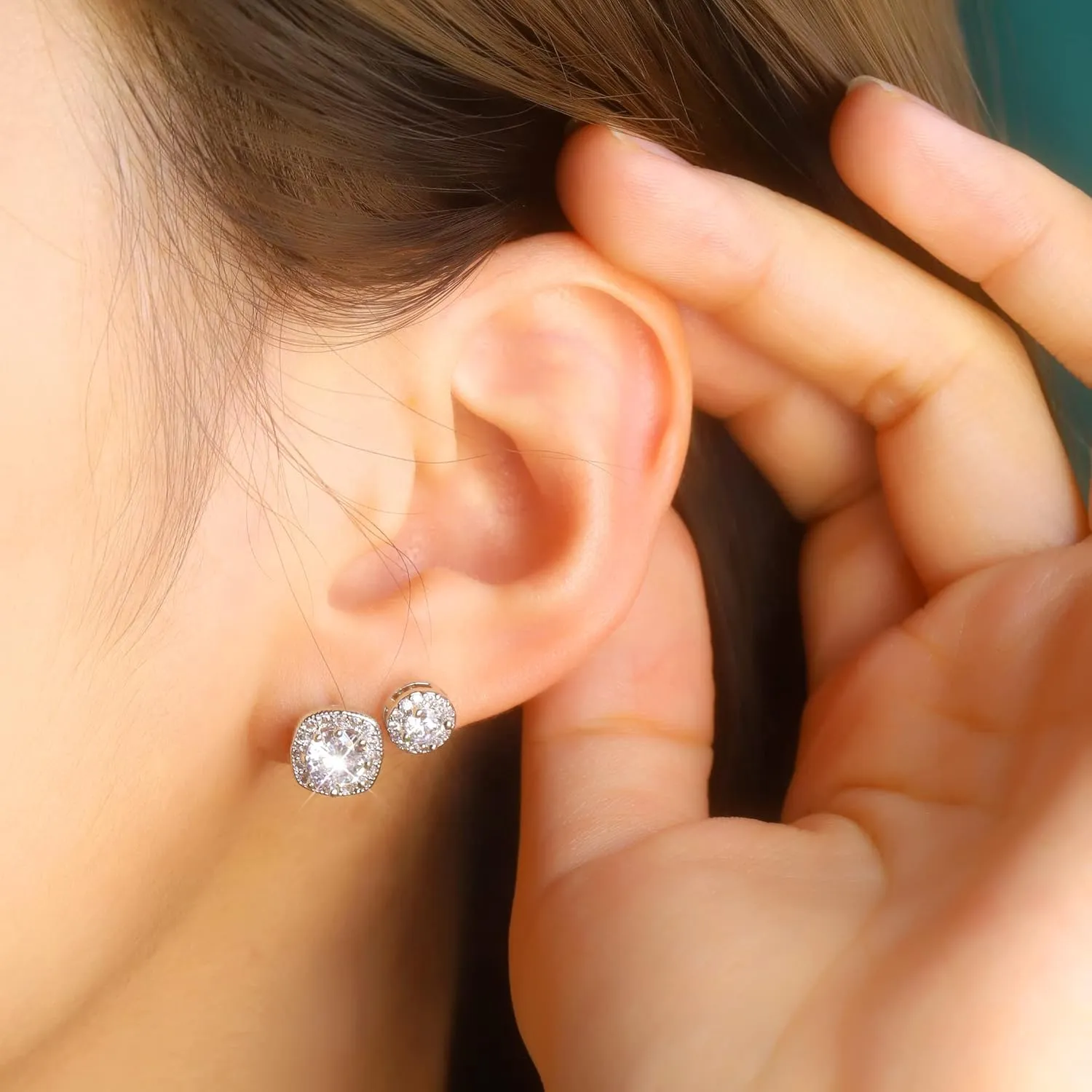 ALEXCRAFT Sterling Silver Stud Earrings for Women Girls Cubic Zirconia Halo Round Heart Square Diamond Large Silver Stud Set
